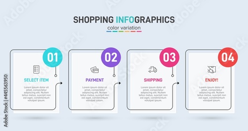 Concept of shopping process with 4 successive steps. Four colorful graphic elements. Timeline design for brochure, presentation, web site. Infographic design layout.