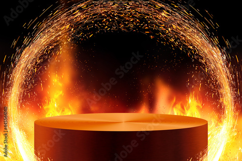 Fiery podium for cooking or food product presentation. Advertising concept.