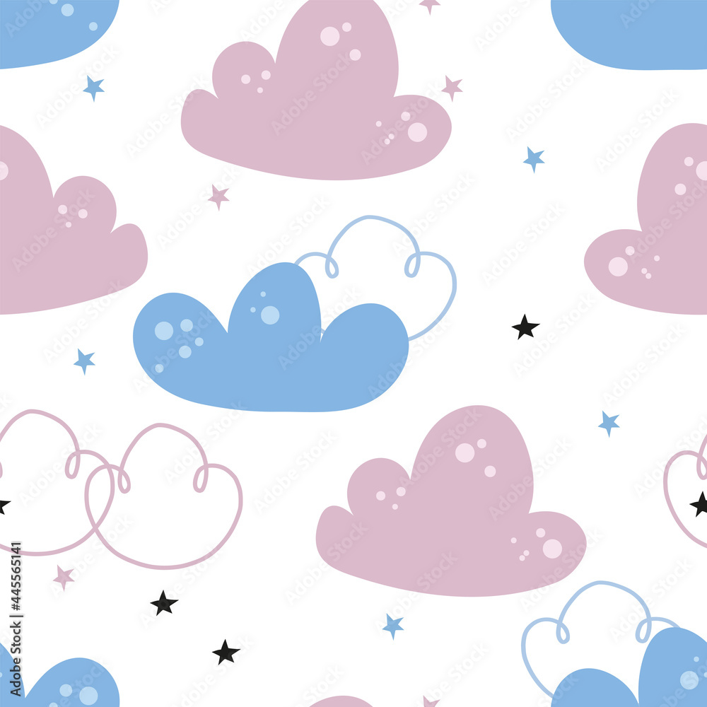 Cute cartoon vector cloud baby nursery seamless pattern for sleep bed sheets, apparel, wrapping paper.