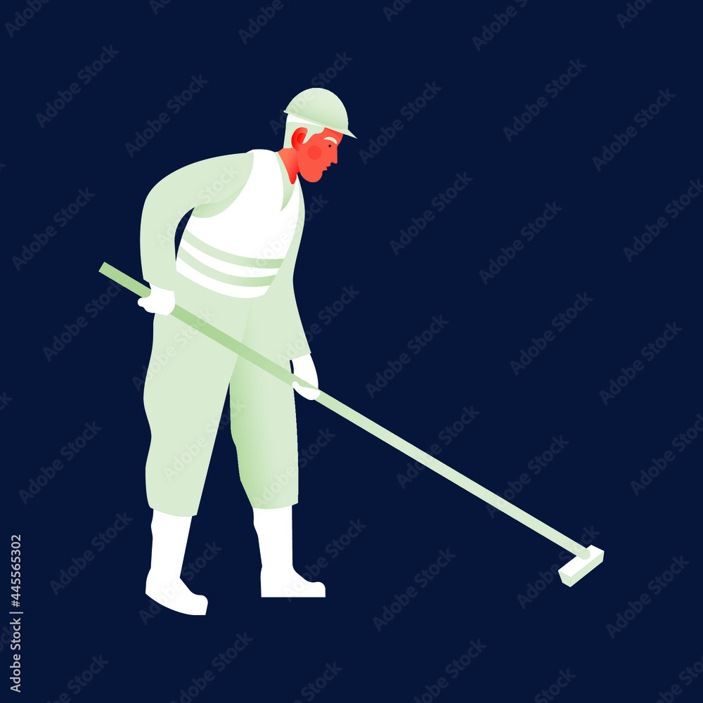 Male Worker in Uniform, Helmet, Vest Hold Tool Isolated on White Background. Modern Flat Vector Illustration. Social Media Template.