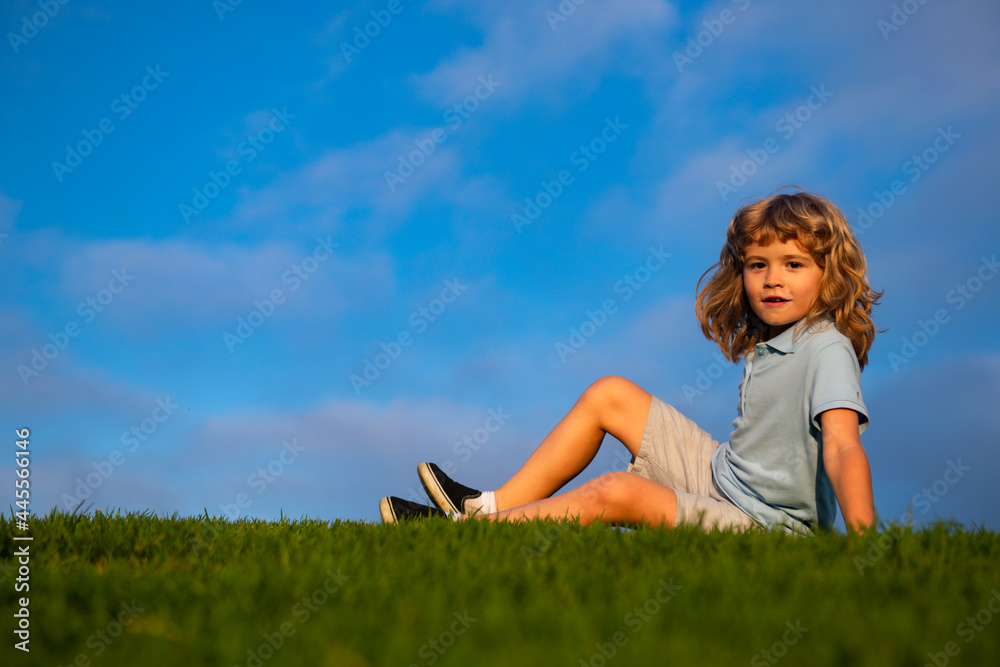 Little boy child with a cute expression face sitting on grass. Cheerful kid having fun on green summer meadow. Copy space on blue sky. Little boy child with a cute expression face sitting on grass. Cheerful kid having fun on green summer meadow. Copy space on blue sky.