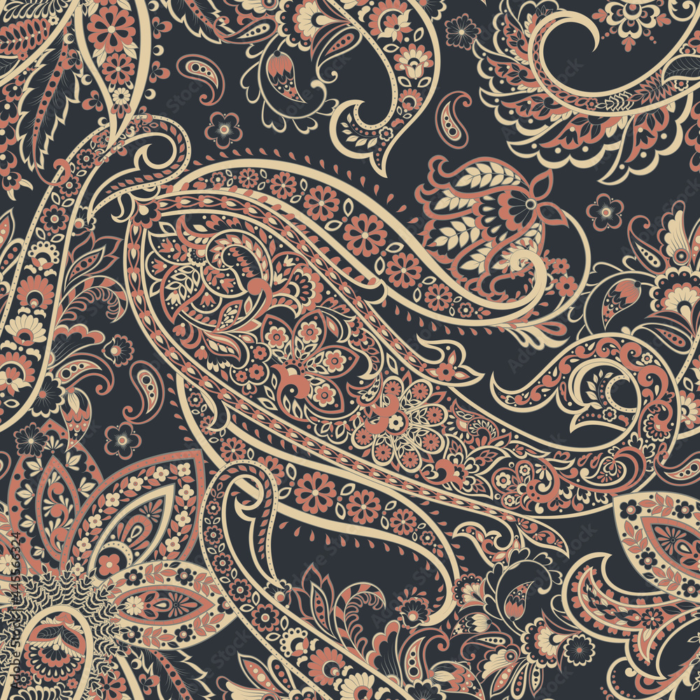 Paisley vector seamless pattern. Fantastic flower, leaves. Textile bohemian print. Batik painting. Vintage