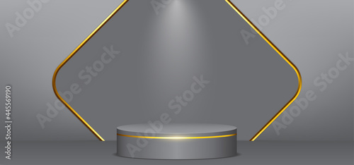 Black background with podium and golden border. Background studio for product shoot with lighting