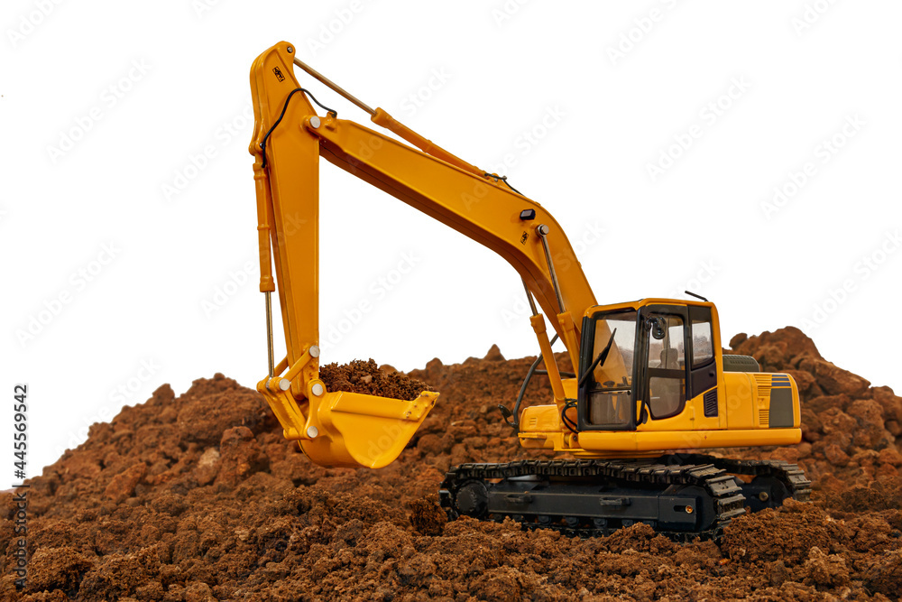 Excavator loader is digging in the construction site work isolated on white background Excavator loader is digging in the construction site work isolated on white background