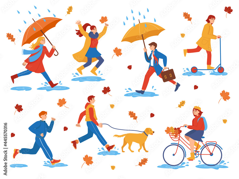 Collection of characters of flat people walking on an autumn day. Autumn outdoor. People in the park walk with a dog, ride a bicycle and scooter, jump through puddles, run.