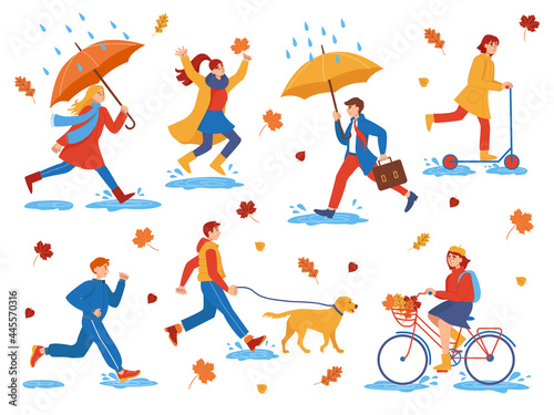 Collection of characters of flat people walking on an autumn day. Autumn outdoor. People in the park walk with a dog  ride a bicycle and scooter  jump through puddles  run.