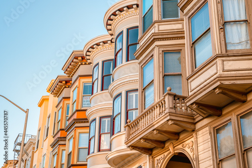 Facades of beautiful houses in San Francisco with beautiful Victorian architecture