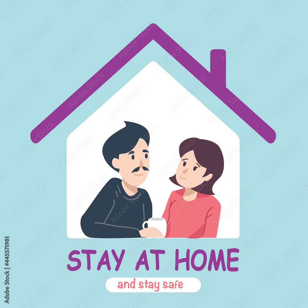 stay at home awareness social media campaign and coronavirus prevention. couple wearing red black t-shirt and mask drinking. in home. flat design vector. stay at home awareness social media campaign and coronavirus prevention. couple wearing red black t-shirt and mask drinking. in home. flat design vector.