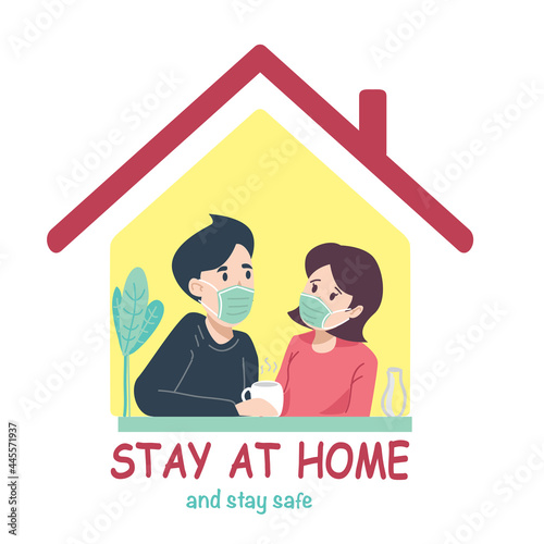 stay at home awareness social media campaign and coronavirus prevention. couple wearing red black t-shirt and mask drinking. red yellow home. flat design vector.