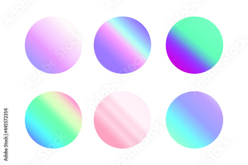 Set of Colorful Holographic Gradient Badges. Abstract backgrounds. Modern Vector Illustration. Holographic Fluid with Gradient Mesh. Retro Style. Pearlescent Graphic. Social Media Template.