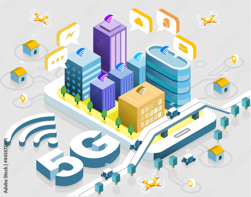 5G Smart city future abstract or metropolis.Intelligent building automation system business concept.isometric space with connected dots and lines.Vector stock illustration 5G Smart city future abstract or metropolis.Intelligent building automation system business concept.isometric space with connected dots and lines.Vector stock illustration