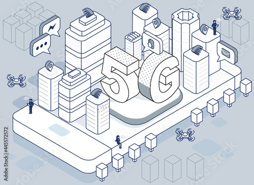 5G Smart city future abstract or metropolis.Intelligent building automation system business concept.isometric space with connected dots and lines.Vector stock illustration
