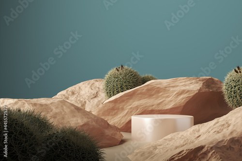 Beige shiny cylindrical platform on rocks cactus and sand scene, blue foreground, abstract background for branding or presentation. 3d rendering