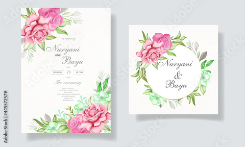 Wedding invitation card with flowers and leaves 