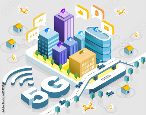 5G Smart city future abstract or metropolis.Intelligent building automation system business concept.isometric space with connected dots and lines.Vector stock illustration