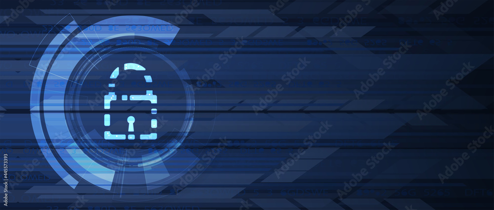 Naklejka premium internet digital security technology concept for business background. Lock on circuit board