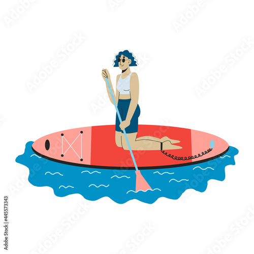 A young woman standing on her knees on the sup board. Kneeling woman paddling. Sup boarding outdoor activity. Flat vector illustration.