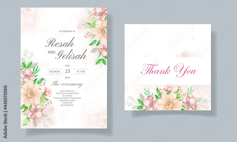 Wedding invitation card with flowers and leaves 
