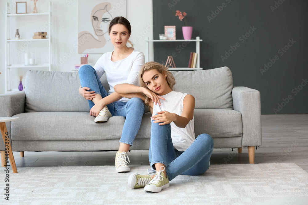 Beautiful young sisters in living room Beautiful young sisters in living room