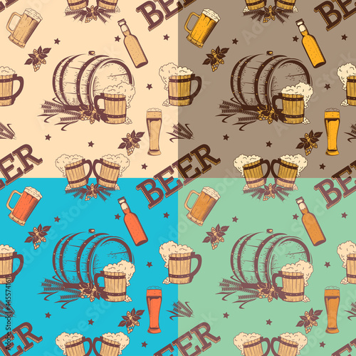 Set of beer patterns with glasses, barrels, hops and vintage elements. Beer background for wrapping paper, wallpaper or flyer
