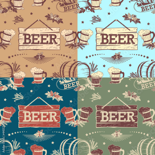 Set of beer patterns with glasses, barrels, hops and vintage elements. Beer background for wrapping paper, wallpaper or flyer