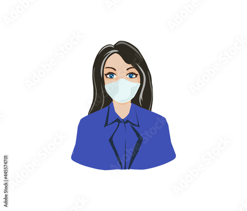 Business woman wearing surgical mask, black hair and blue eyes woman.