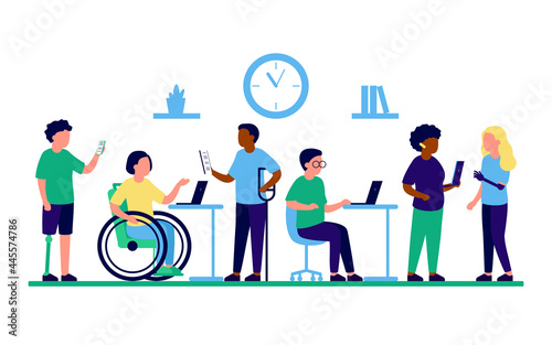 Employee people with disabilities and inclusion work together in office. Disabled different people on wheelchair and with prothesis sit and communicate using laptop. Handicap persons work. Vector flat