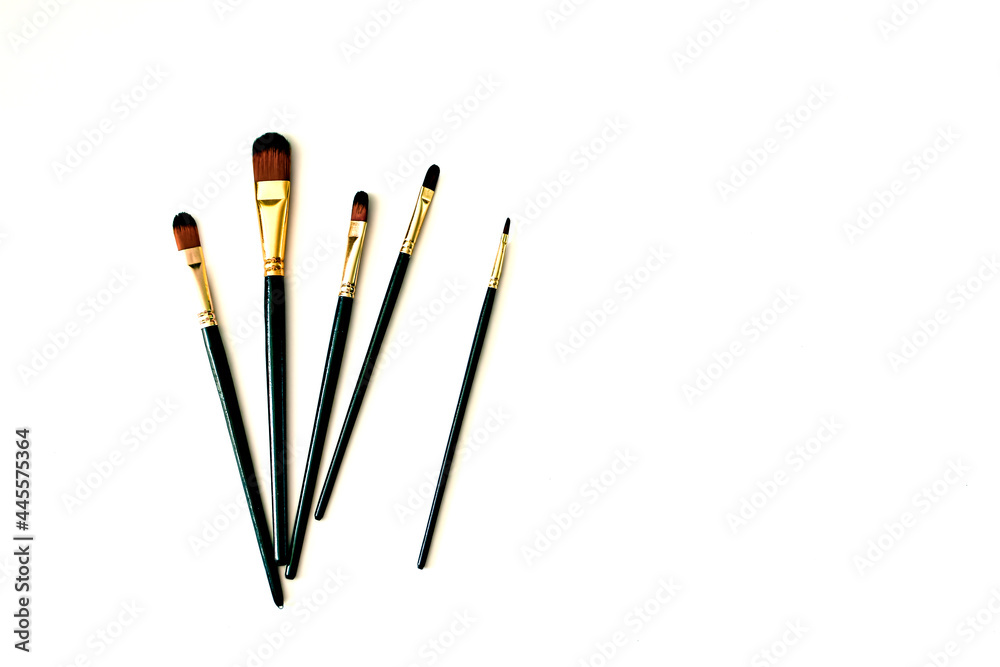 Brushes of different sizes on a white background. Artist's set. Artificial bristles. Preparation for work. Brushes of different sizes on a white background. Artist's set. Artificial bristles. Preparation for work.
