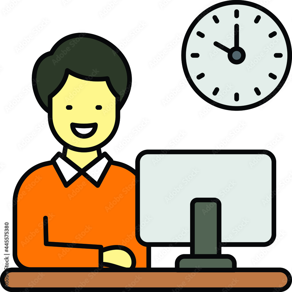 office workstation Concept, Man Sitting On Chair with Laptop and clock Vector Color Icon Design, Everyday life Symbol, Daily Routine life Sign, Activities of daily living Stock illustration