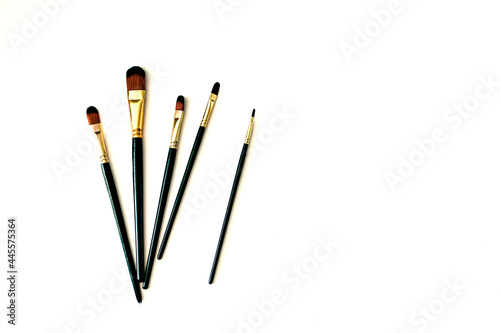 Brushes of different sizes on a white background. Artist's set. Artificial bristles. Preparation for work. 