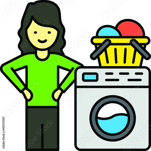 Teenage Girl Young Woman with Laundry Basket and Washer Concept Vector Color Icon Design, Everyday life Symbol, Daily Routine life Sign, Activities of daily living Stock illustration