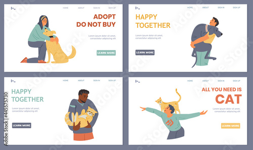 Pets Adoption Landing Page Templates Vector Set. Happy People Hugging, Playing With Dogs And Cats.