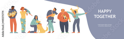 Vector Banner With Happy Pet Owners Holding Hugging Their Animals.