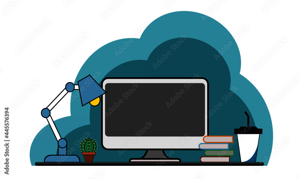 Interior workplace with computer monitor on the table, table lamp, books, cactus, and plastic tumbler. vector image. Interior workplace with computer monitor on the table, table lamp, books, cactus, and plastic tumbler. vector image.