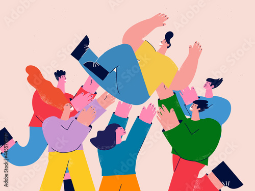 Teamwork, friendship, cheerful group of people celebrating flat vector illustration. Business coworkers and colleagues success celebration