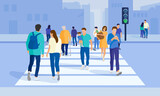 Crowd crosswalk. Crowd of people at the crosswalk. Women and men rush to cross the street along a pedestrian crossing against the backdrop of a cityscape with buildings and traffic lights.