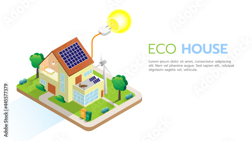 Green eco friendly house concept with solar energy panel and ecological equipment - wind turbine isometric infographic vector illustration. Suitable for diagrams, infographics and illustration
