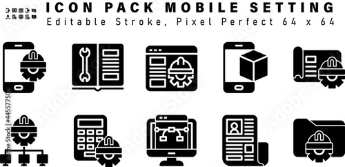 Icon Set of Mobile Setting Glyph Icons. Contains such Icons as Business Scheme, Automated Solution, Calculator, Pen Tool etc. Editable Stroke. 64 x 64 Pixel Perfect