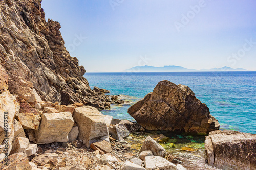 Big rock in natural coastal landscapes on Kos Island Greece. © arkadijschell