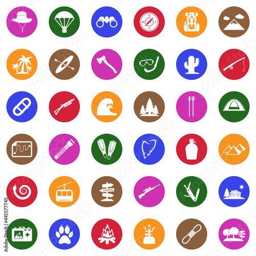Adventure Icons. White Flat Design In Circle. Vector Illustration.