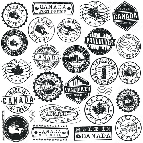 Vancouver, BC, Canada Set of Stamp. Vector Art Postal Passport Travel Design. Travel and Business Seals.