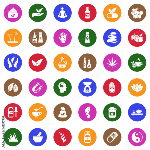 Alternative Medicine Icons. White Flat Design In Circle. Vector Illustration.