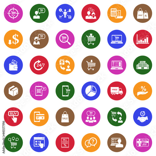 Consumer Behavior Icons. White Flat Design In Circle. Vector Illustration.
