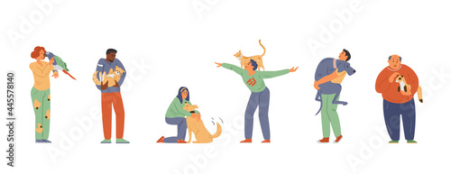Vector Set Of Happy Pet Owners With Animals. Men And Women Holding, Hugging Cats, Dogs, Parrot, Ferret. Isolated On white.