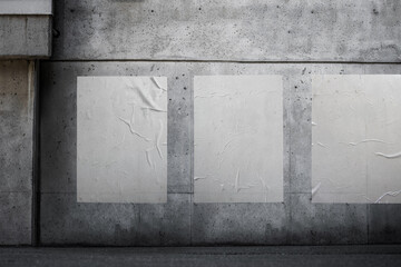 White paper poster mockup. Set of wet wrinkled and creased paper sheets with crumpled texture, blank posters glued to street wall or advertising column, mock up for design