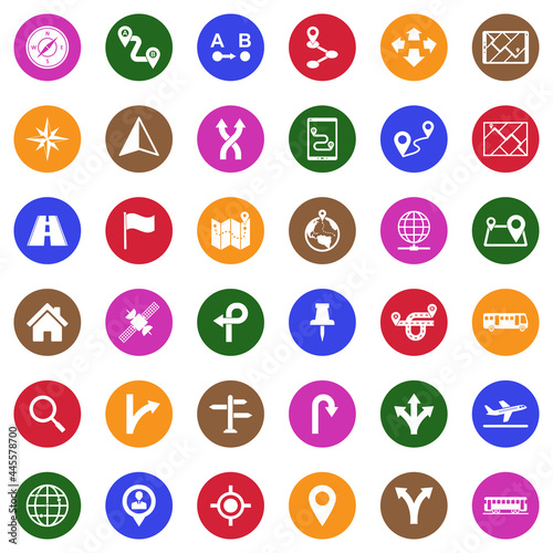 GPS And Navigation Icons. White Flat Design In Circle. Vector Illustration.