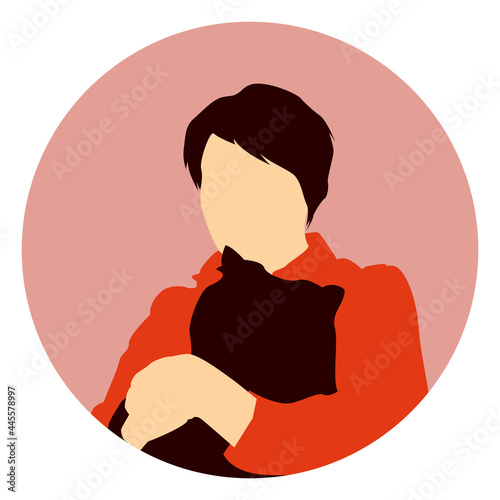 Vector illustration in a flat style. An illustration of a girl with short dark hair holding a cat in her arms. Suitable for advertising, printing on clothing.