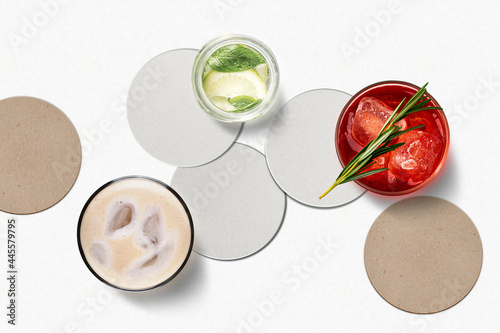 White round Drink Coasters Mockup. Top view. 3D Illustration photo