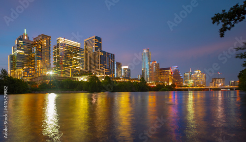 Downtown Skyline of Austin, Texas in USA. Austin Sunset on the Colorado River. © Volodymyr