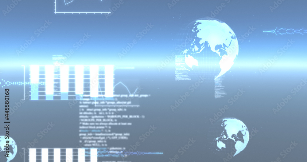 Image of data processing, globes spinning and statistics recording on glowing blue background
